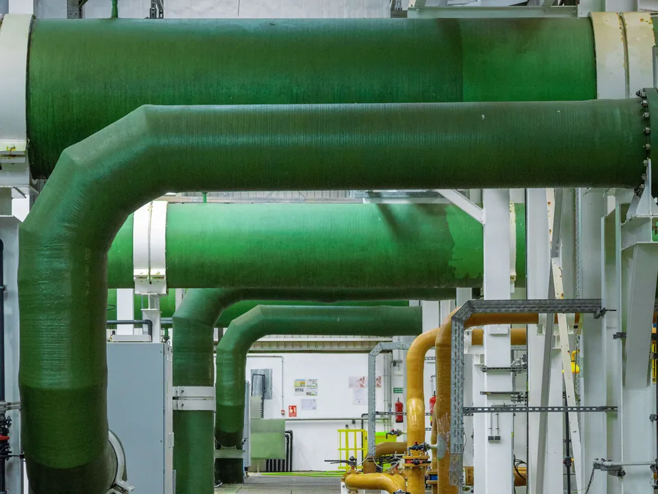 Chilled water plant room with large insulated pipework