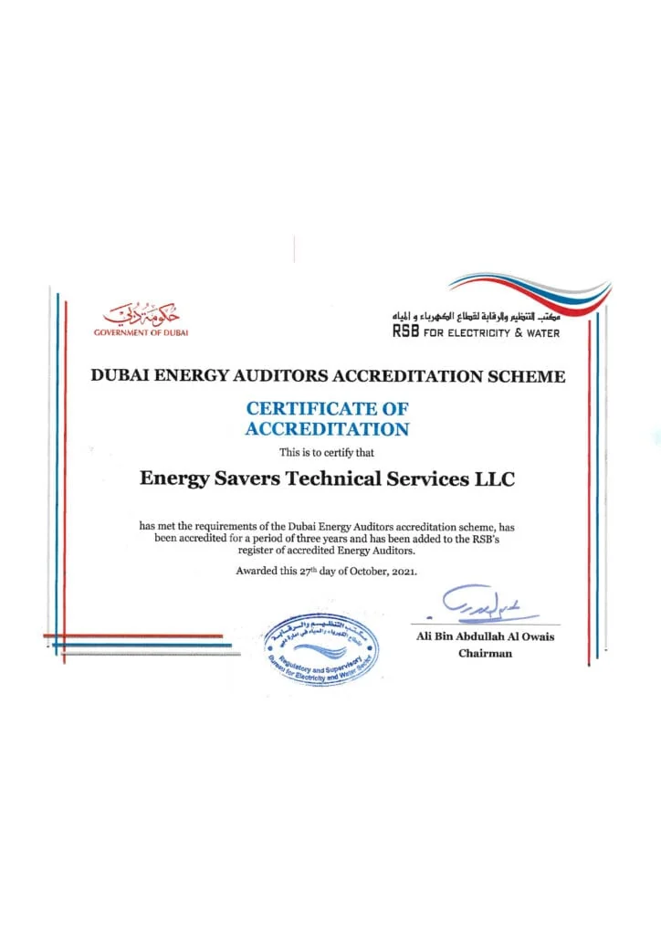 Certificate of accreditation under the Dubai Energy Auditors Accreditation Scheme for Energy Savers Technical Services LLC