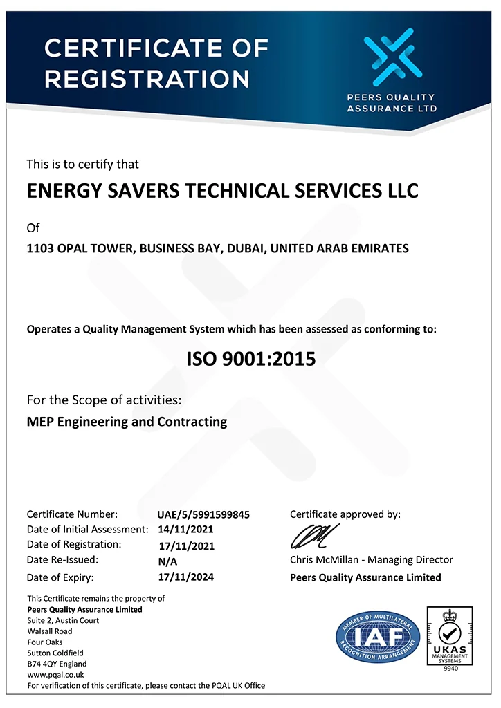 ISO 9001:2015 certificate of registration for Energy Savers Technical Services LLC, scope MEP Engineering and Contracting
