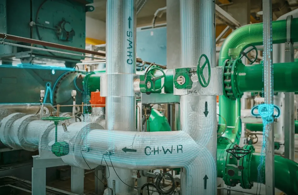 Plant room with chilled water pumps and pipework